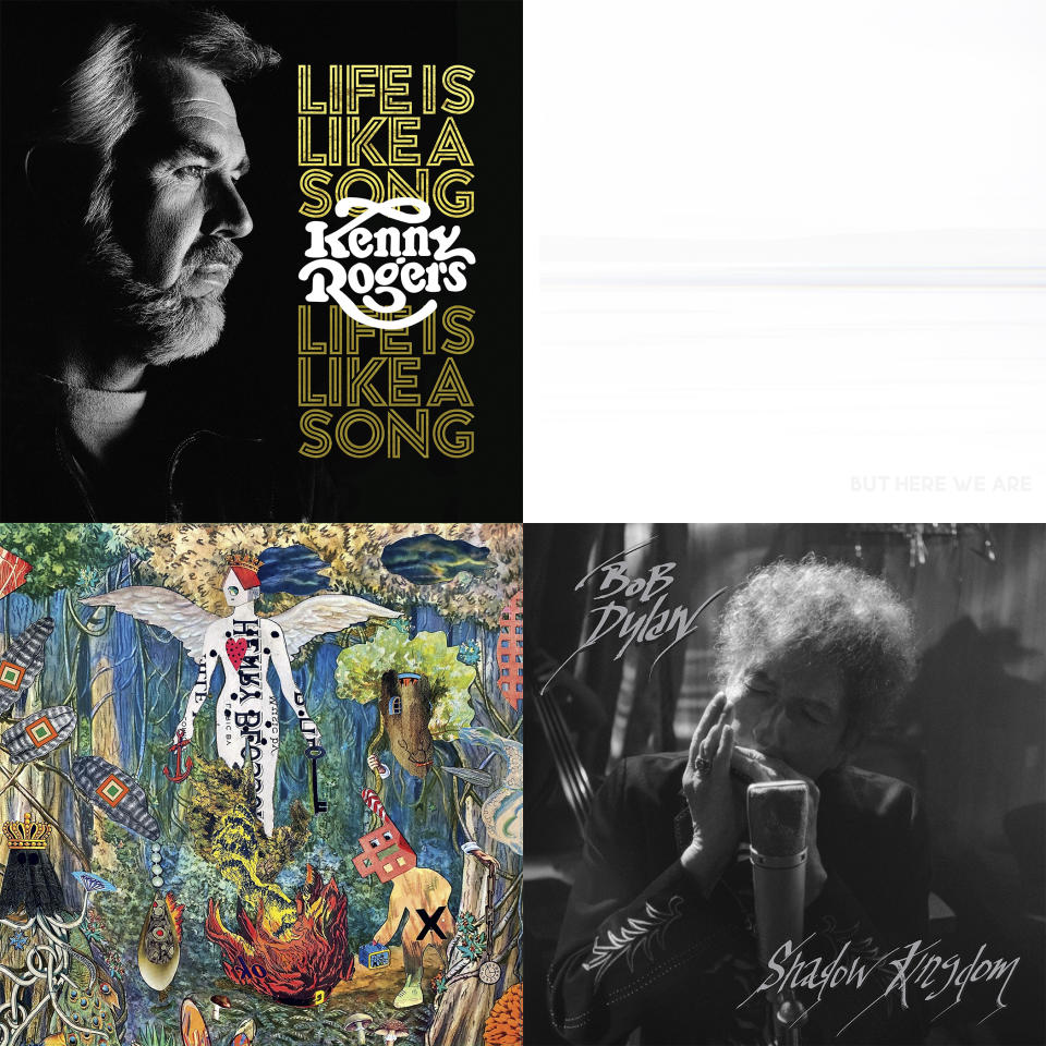 This combination of album cover images shows, clockwise from top left, “Life Is Like a Song," featuring eight never-before-heard recordings by Kenny Rogers, “But Here We Are" by Foo Fighters, the first album since the death of the band’s drummer, Taylor Hawkins, "Shadow Kingdom" by Bob Dylan and “Pour It Out Into the Night” by The Revivalists. (UMe/Roswell Records-RCA Records/Columbia Records-Legacy Recordings and Concord Records via AP)