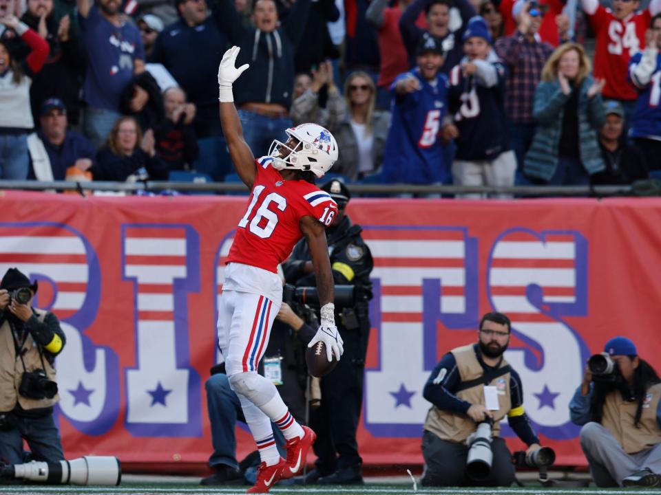 Jakobi Meyers celebrates a touchdown against the Detroit Lions.