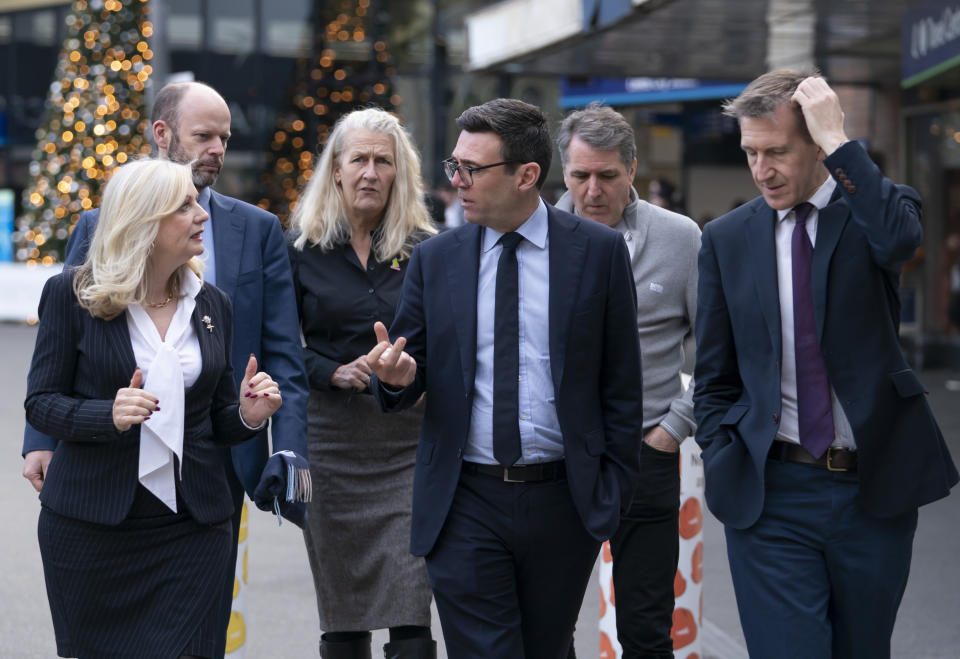 Left to right Mayor West Yorkshire Tracy Brabin, Mayor of North of Tyne Jamie Driscoll, Acting Chair Councillor Louise Gittins Cheshire West and Chester, Mayor of Greater Manchester Andy Burnham, Mayor of Liverpool City Region Steve Rotheram and Mayor of South Yorkshire Dan Jarvis, outside Leeds Railway Station, following a meeting of the Transport for the North Board at the Queens Hotel in Leeds, after the Government set out its revised plans for Northern England and the Midlands. Picture date: Wednesday November 24, 2021.