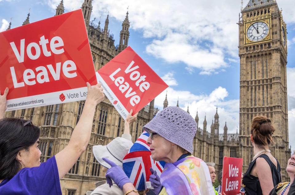 Leave supporters wave signs from in Westminster before the Brexit vote (Guy Bell/REX/Shutterstock)