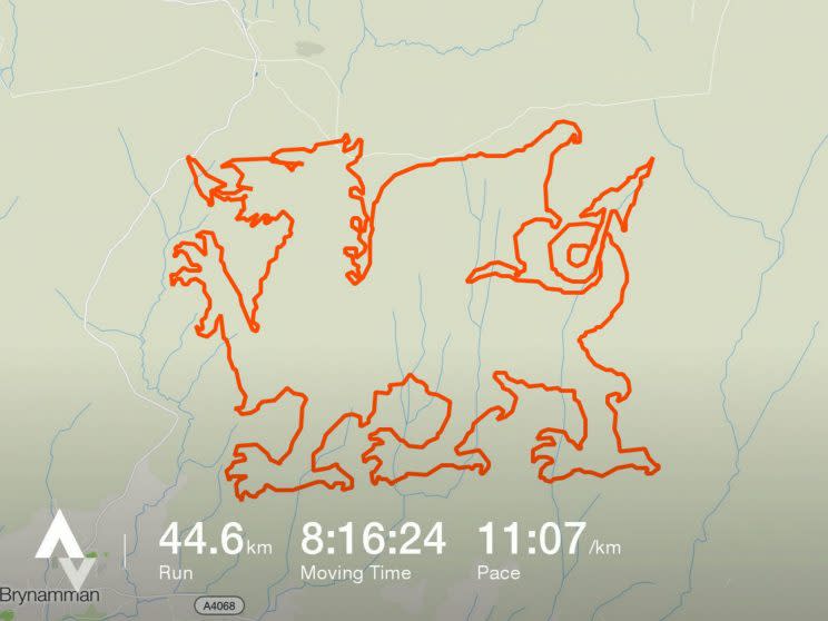 A pair of fell runners have created their own unique piece of art using a GPS tracking app - running 28 miles to trace the outline of an enormous Welsh dragon on a hillside.