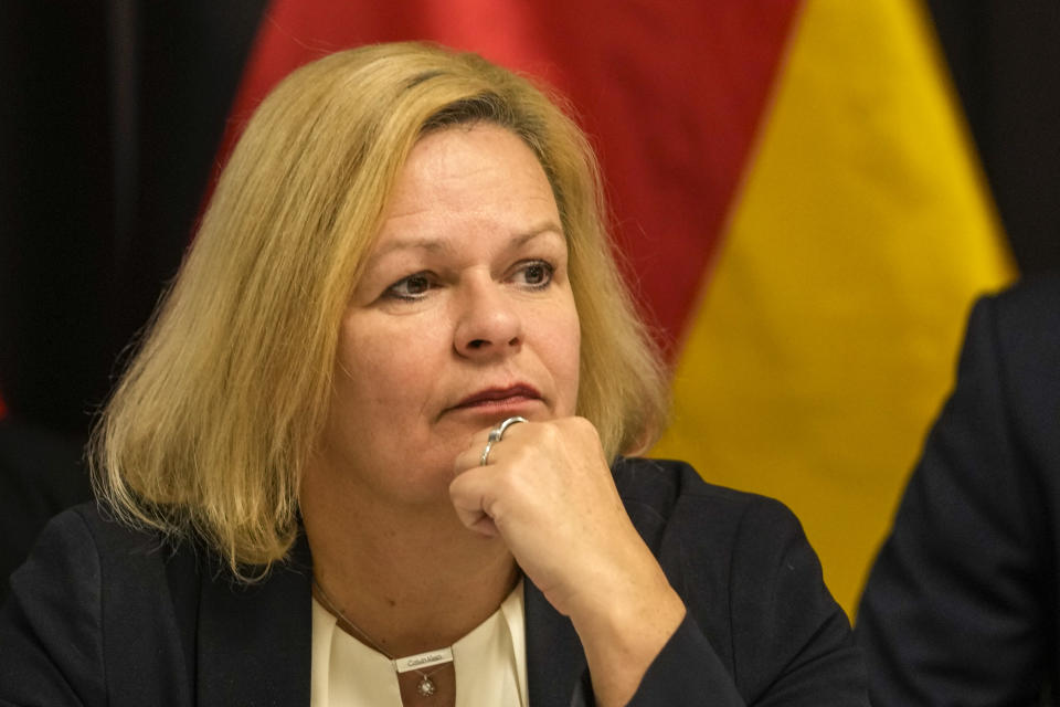 German Federal Minister of the Interior Nancy Faeser attends a press conference after meeting of Interior Ministers of Visegrad Group (Czech Republic, Hungary, Poland, and Slovakia), Austria and Germany, in Szeged, Hungary, Monday, Nov. 27, 2023. (AP Photo/Darko Vojinovic)