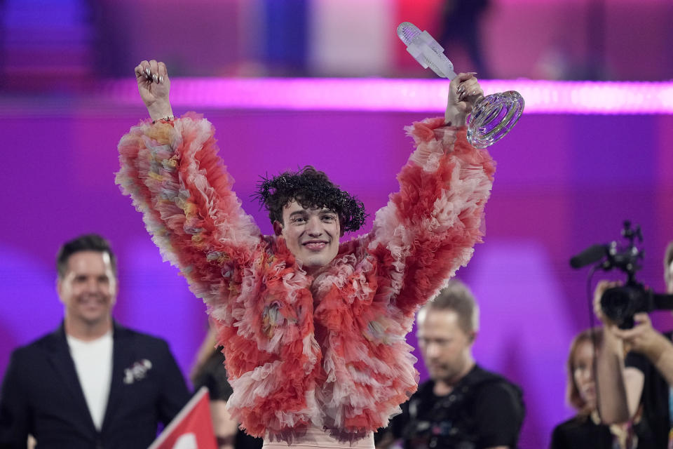 Nemo of Switzerland, who performed the song The Code, celebrates after winning the Grand Final of the Eurovision Song Contest in Malmo, Sweden, Saturday, May 11, 2024. (AP Photo/Martin Meissner)