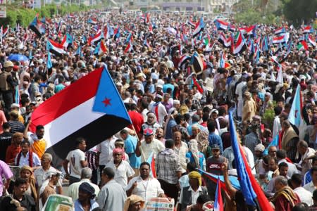 FILE PHOTO: Supporters of Yemen's UAE-backed southern separatists march during a rally in southern port city in Aden