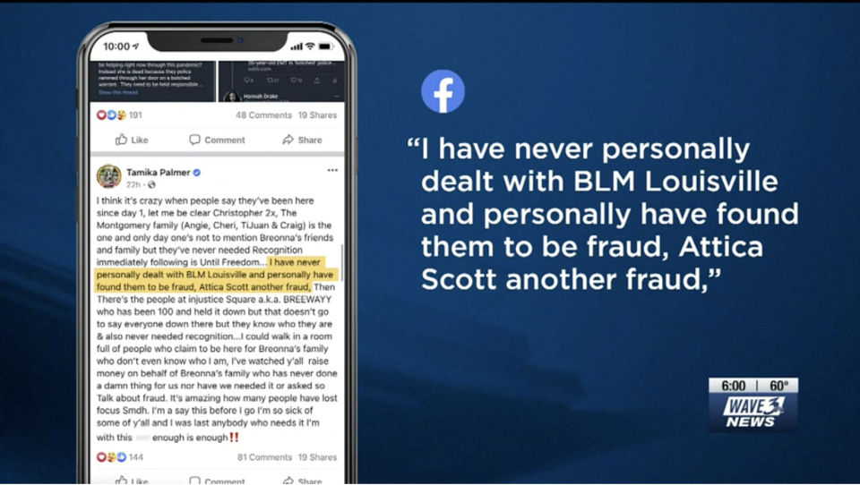 A screenshot captured by WAVE 3 News shows a since-removed Facebook post by Tamika Palmer, the mother of Breonna TaylorWAVE 3 News