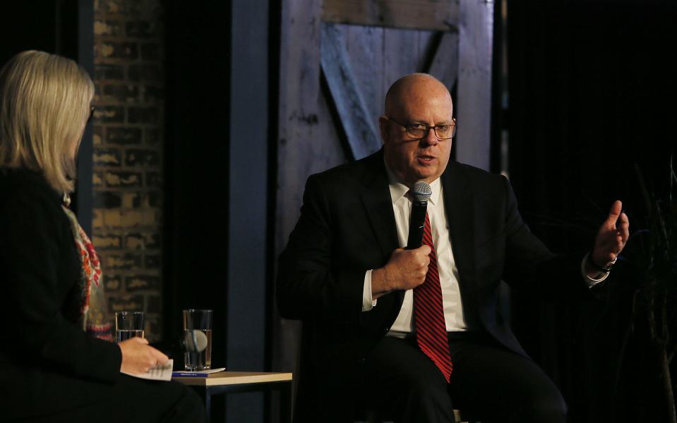 Former Maryland governor Larry Hogan speaks during a panel discussion with Iowa Senator Joni Ernst about America’s strength and leadership abroad by The Bastion Institute at The River Center on Saturday, March 18, 2023, in Des Moines, Iowa.