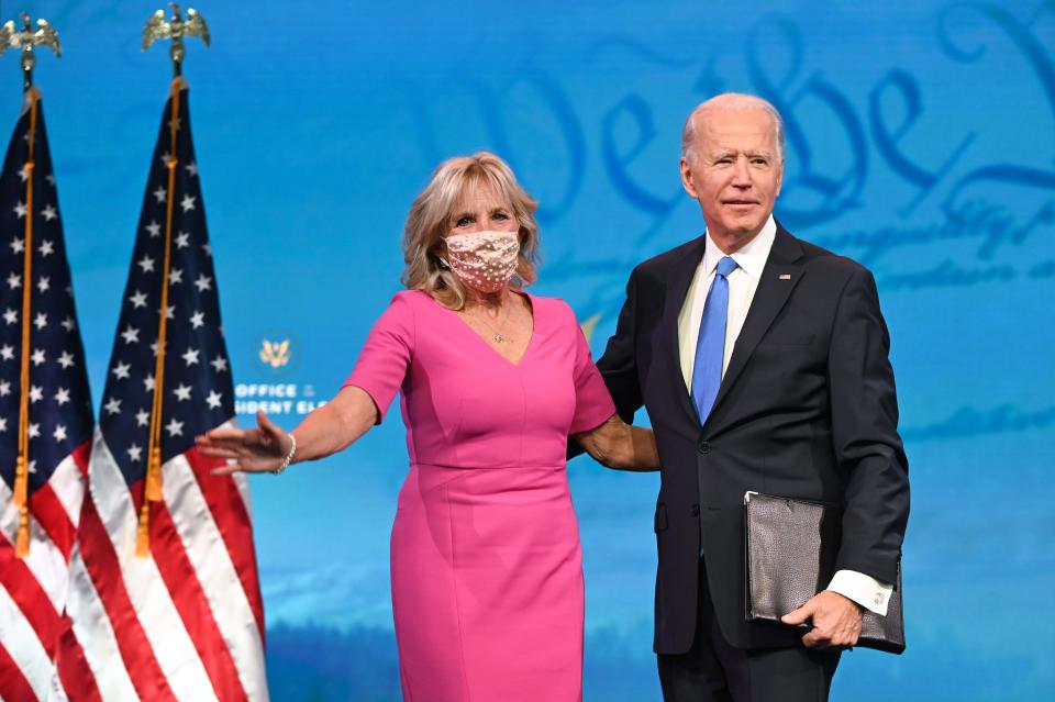 President-elect Joe Biden arrives with wife Jill Biden to deliver remarks on the Electoral college certification at the Queen Theatre in Wilmington, Delaware, on Monday.