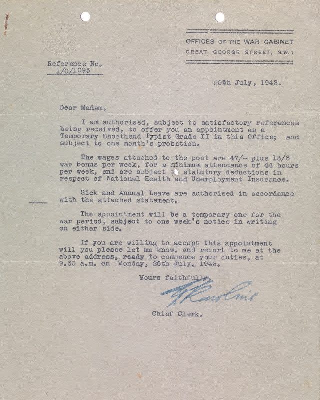 A letter confirming the appointment of a typist in the War Rooms (Imperial War Museums/PA)