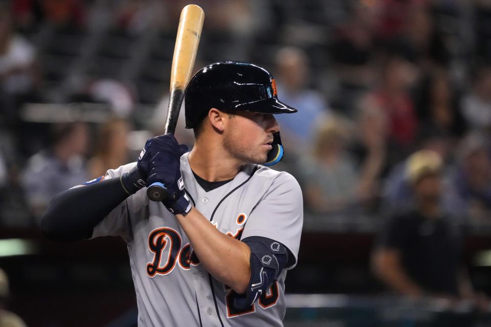 Jun 24, 2022; Phoenix, Arizona, USA; Detroit Tigers first baseman Spencer Torkelson (20) bats against the Arizona Diamondbacks during the second inning at Chase Field.