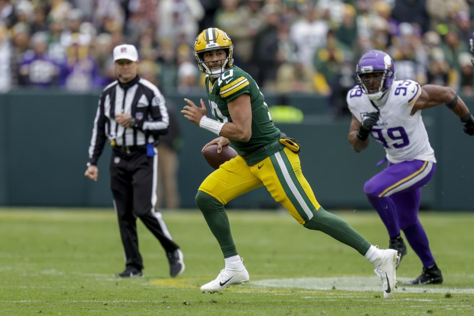 Green Bay Packers quarterback Jordan Love (10) rushes during an NFL football game between the Green Bay Packers and Minnesota Vikings on Sunday, Oct. 29, 2023, in Green Bay, Wis. | Matt Ludtke, Associated Press