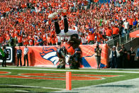 <p>Denver Broncos wide receiver Emmanuel Sanders (10) flips into the end zone after scoring a touchdown in the second quarter against the Seattle Seahawks at Broncos Stadium at Mile High. Mandatory Credit: Isaiah J. Downing-USA TODAY Sports </p>