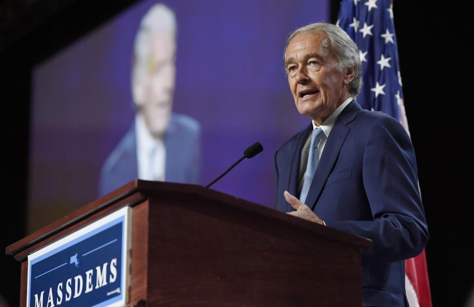 FILE - In this Saturday, Sept. 14, 2019 file photo, U.S. Sen. Edward Markey speaks to delegates during the 2019 Massachusetts Democratic Party Convention, in Springfield, Mass. U.S. Rep. Joseph Kennedy III plans to announce on Saturday, Sept. 21, that he will challenge Markey in the 2020 Democratic primary. (AP Photo/Jessica Hill, File)