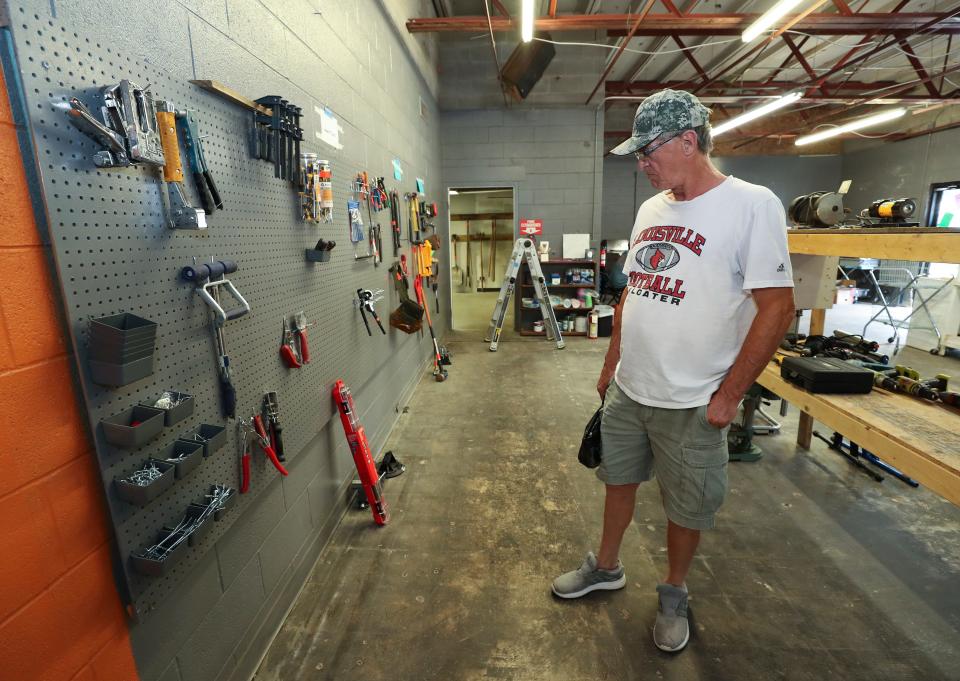 Neighborhood resident Rick looks at items available for rent at the Louisville Tool Library in Louisville, Ky. on July 13, 2022.  The library allows members to rent instead buying expensive tools they may need only once.