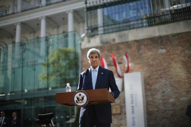 US Secretary of State John Kerry pauses as he listens to a question from a journalist after delivering a statement on the Iran talks in Vienna, on July 5, 2015