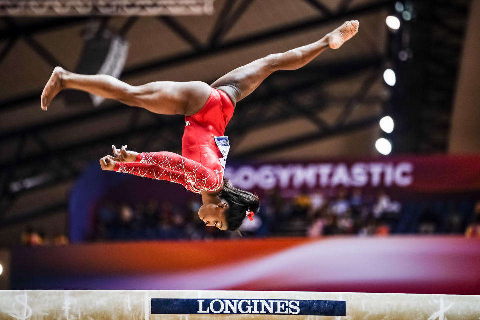 <p>Simone Biles of the United States during Balance Beam for Women at the Aspire Dome in Doha, Qatar, Artistic FIG Gymnastics World Championships November 3, 2018. (Photo by Ulrik Pedersen/NurPhoto via Getty Images) </p>