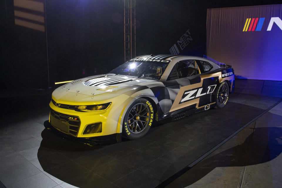 The 2022 Next Gen Chevrolet Camero Cup car was unveiled during a NASCAR media event in Charlotte, N.C., Wednesday, May 5, 2021. (AP Photo/Mike McCarn)