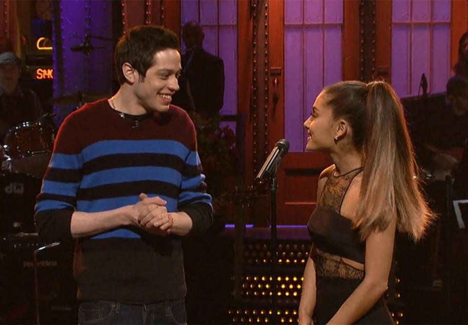 Pete Davidson and Ariana Grande on <em>Saturday Night Live</em> in March 2016. (Photo: SNL/NBC)