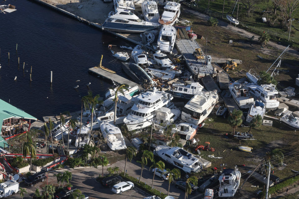 An aerial view of damaged boats and property after Hurricane Ian caused widespread destruction in Fort Myers, Florida, U.S., September 30, 2022. REUTERS/Shannon Stapleton