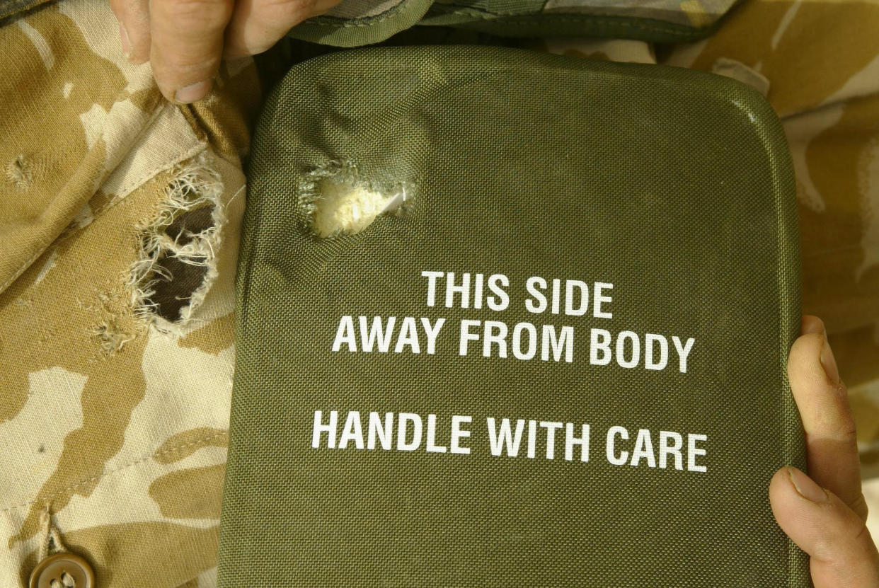 Body armor that saved the life of a member of the British Royal Marines shot at close range by an Iraqi soldier armed with a Kalashnikov.