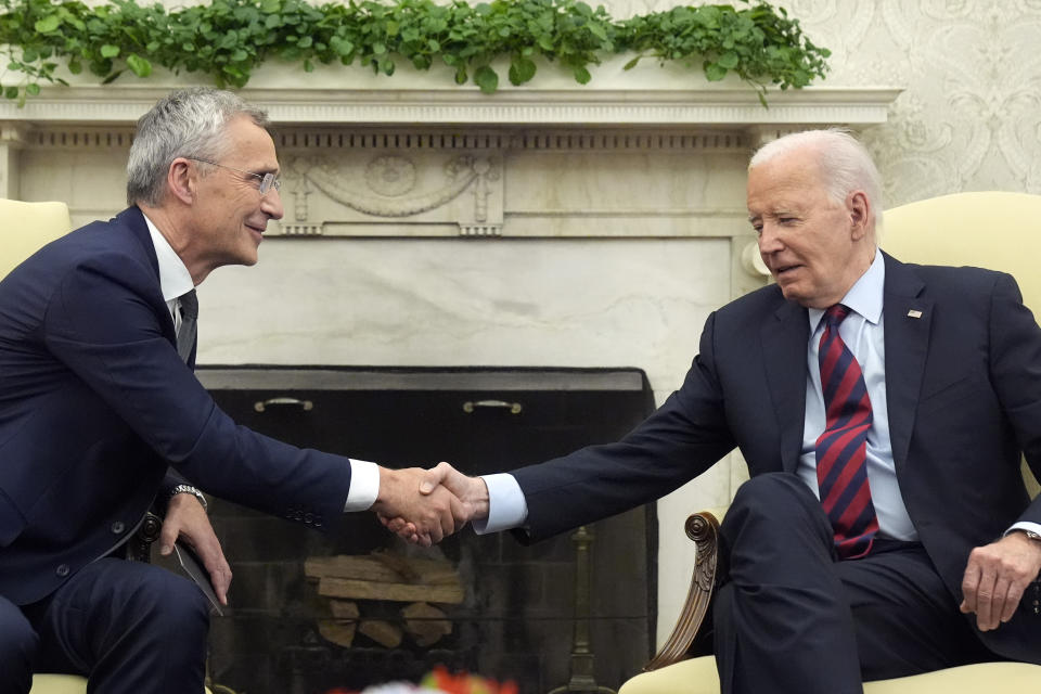 President Joe Biden shakes hands as he meets with NATO Secretary General Jens Stoltenberg in the Oval Office at the White House, Monday, June 17, 2024. (AP Photo/Mark Schiefelbein)