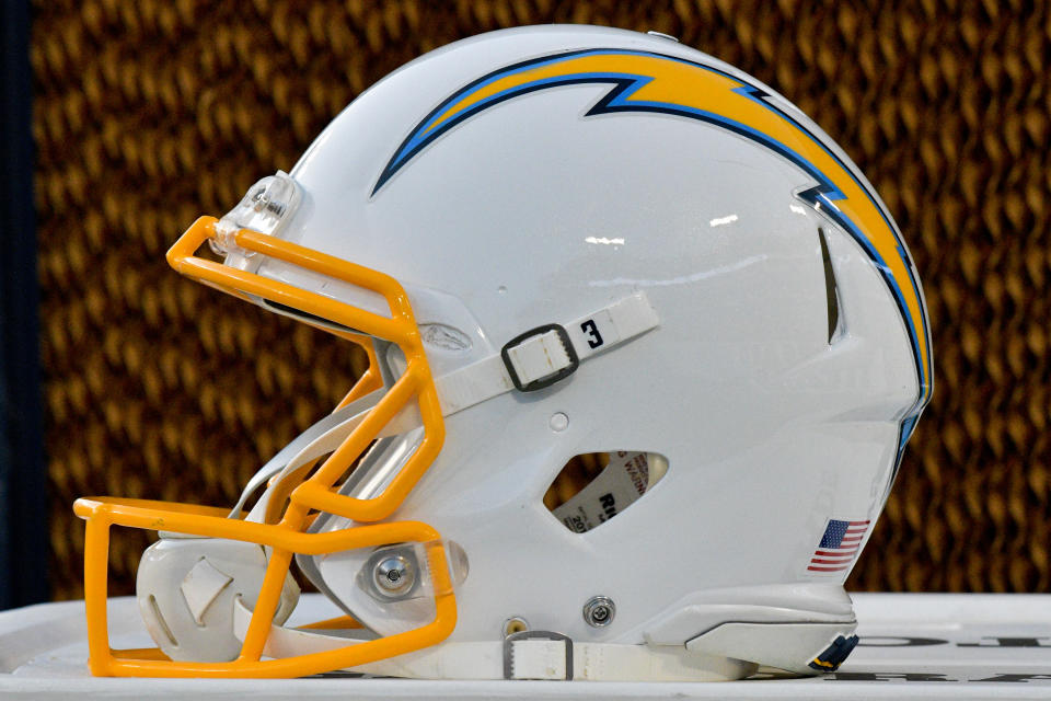Oct 20, 2019; Nashville, TN, USA; Los Angeles Chargers helmet on the sideline during the second half against the Tennessee Titans at Nissan Stadium. Mandatory Credit: Jim Brown-USA TODAY Sports
