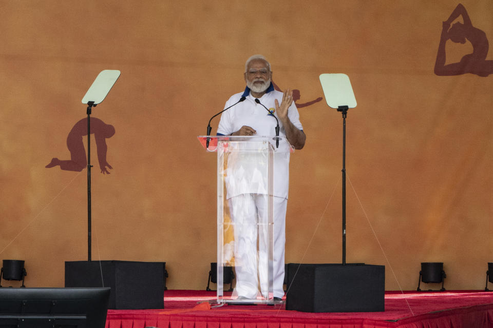 India Prime Minister Narendra Modi speaks during the International Yoga day event at United Nations headquarters in New York on Wednesday, June 21, 2023. (AP Photo/Jeenah Moon)