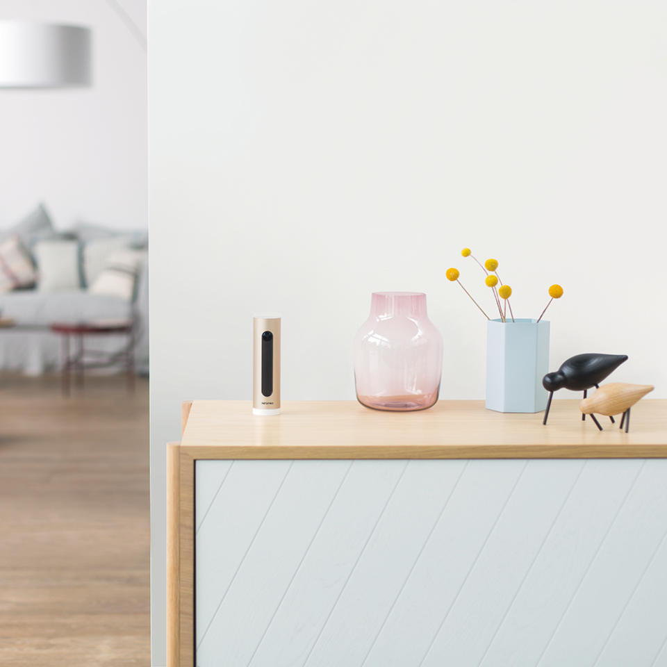 A Netatmo camera on a console table next to ornaments