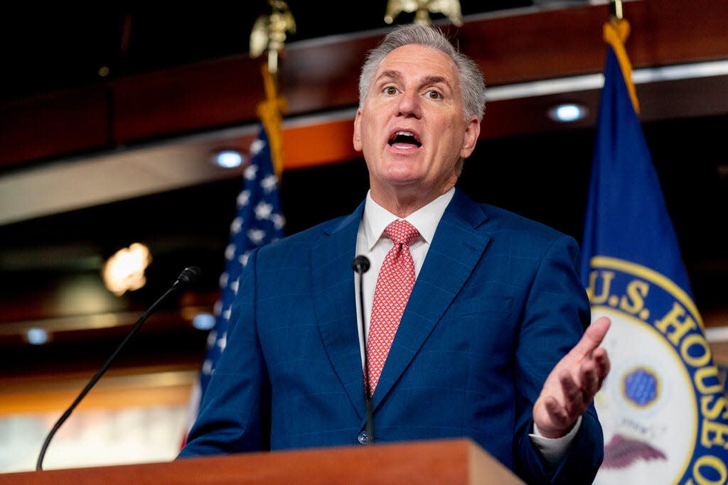 House Minority Leader Kevin McCarthy of Calif. speaks at a news conference on Capitol Hill in Washington, July 29, 2022.