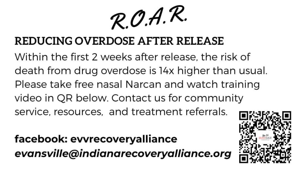 An example of the information cards formerly incarcerated people will receive upon their release from the Vanderburgh County jail under a new partnership with the Evansville Recovery Alliance.
