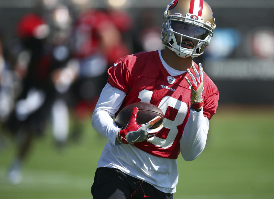 Rookie WR Dante Pettis is one of two 49ers who could deliver for fantasy managers in Week 2. Yahoo Fanalyst Liz Loza explains. (AP Photo/Ben Margot)