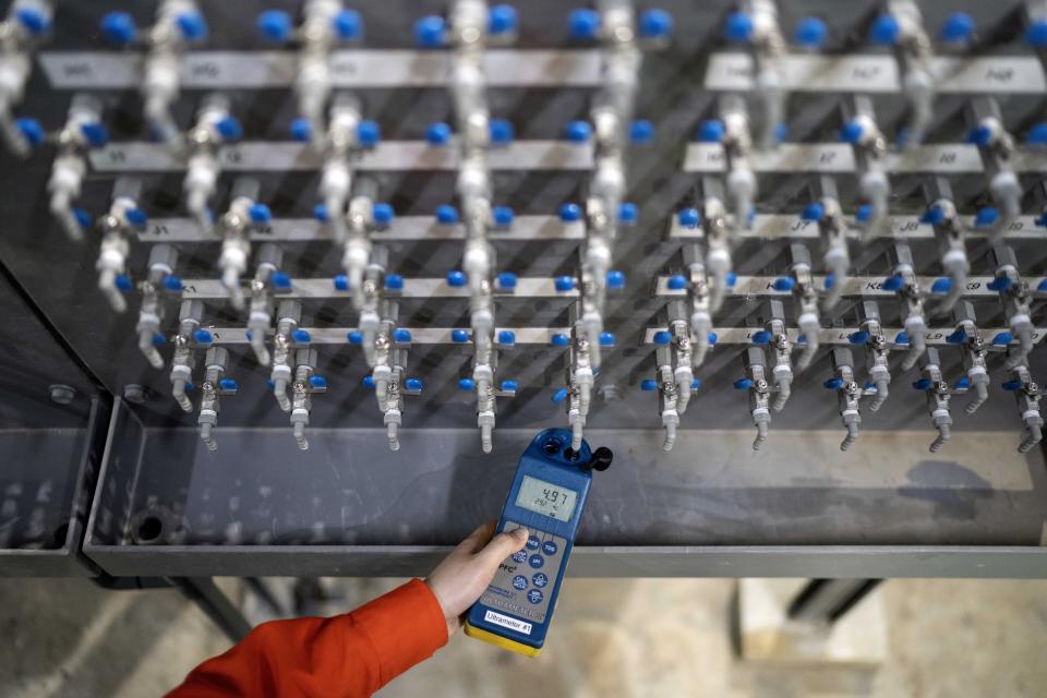 A worker demonstrates a test of drinking water from a tap after being treated at the Keppel Marina East Desalination Plant in Singapore, Friday, July 21, 2023. Five desalination plants, which produce drinking water by pushing seawater through membranes to remove dissolved salts and minerals, operate across the island, creating millions of gallons of clean water every day. (AP Photo/David Goldman)