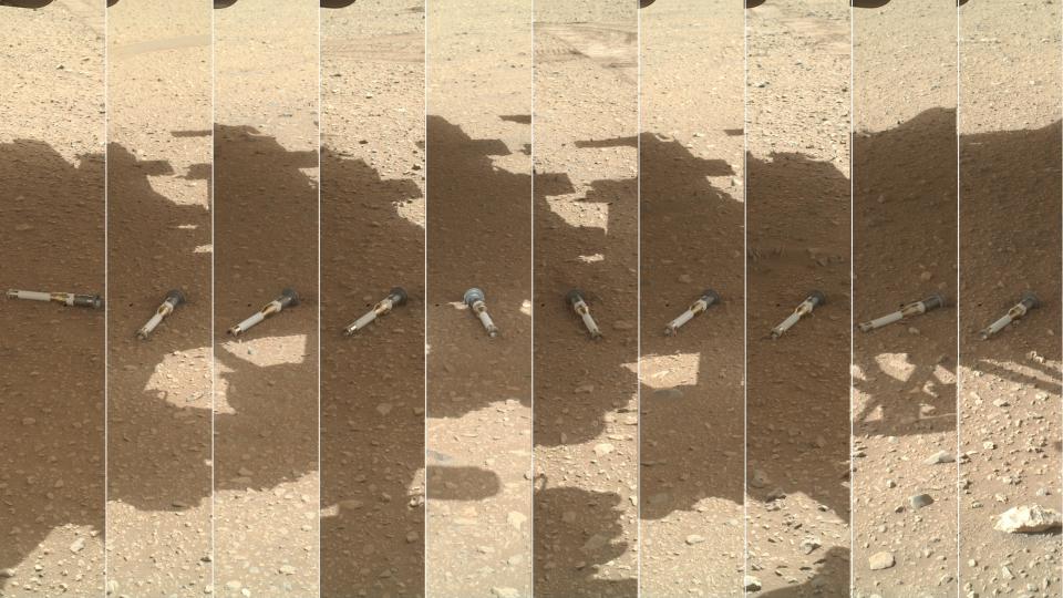 mosaic of photos of light-saber-like sample tubes on the martian surface
