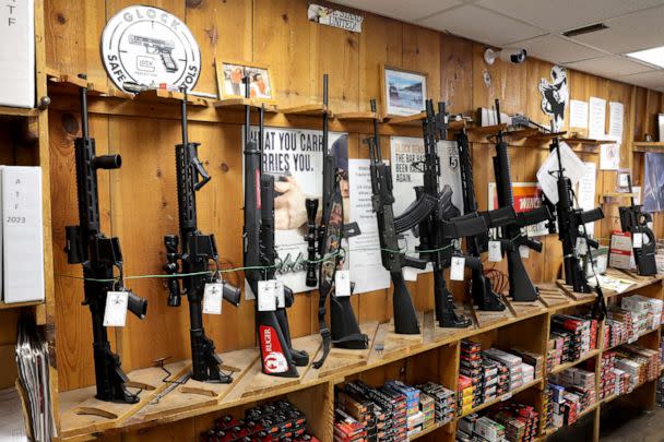 PHOTO: Assault-style rifles now banned for sale in the state are displayed at Freddie Bear Sports on Jan. 11, 2023, in Tinley Park, Illinois. (Scott Olson/Getty Images)