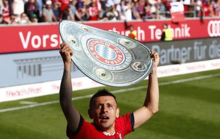 Football Soccer - FC Ingolstadt 04 v Bayern Munich - German Bundesliga - Audi Sportpark, Ingolstadt, Germany 07/05/16 Bayern Munich's Rafinha celebrates after match. REUTERS/Michaela Rehle.