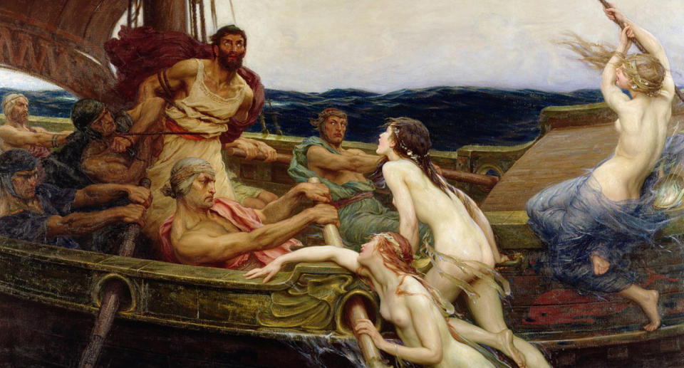 Oil painting Ulysses and the Sirens, by Herbert Draper