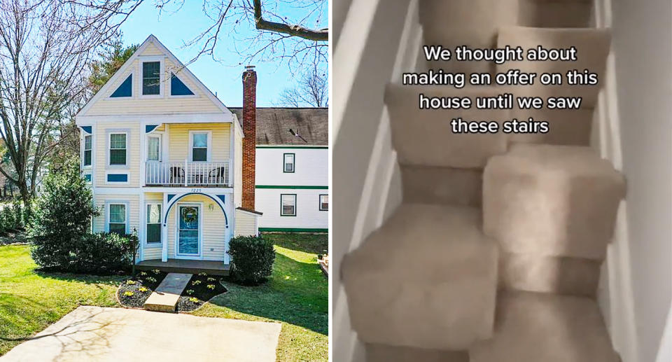 A Baltimore house, pictured on the left, up for sale had what some on TikTok thought were a dealbreaker feature, alternate-tread stairs (right).