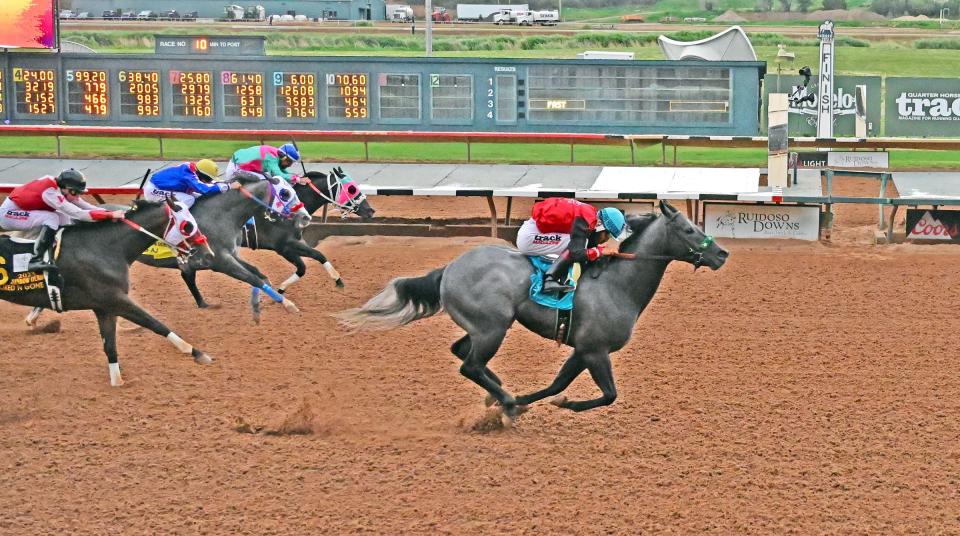 Sicario V won the Grade 1, 440-yard Rainbow Derby on Saturday at Ruidoso Downs Race Track & Casino. The winning jockey was Francisco Calderon.