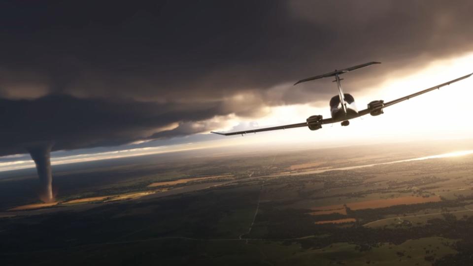 An aircraft approaching a tornado in  Microsoft Flight Simulator 2024