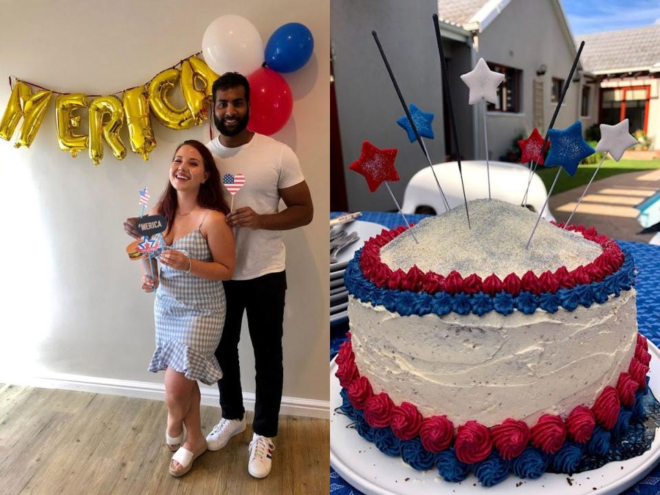 Megan Gieske and her partner on the left, red white and blue cake on the right