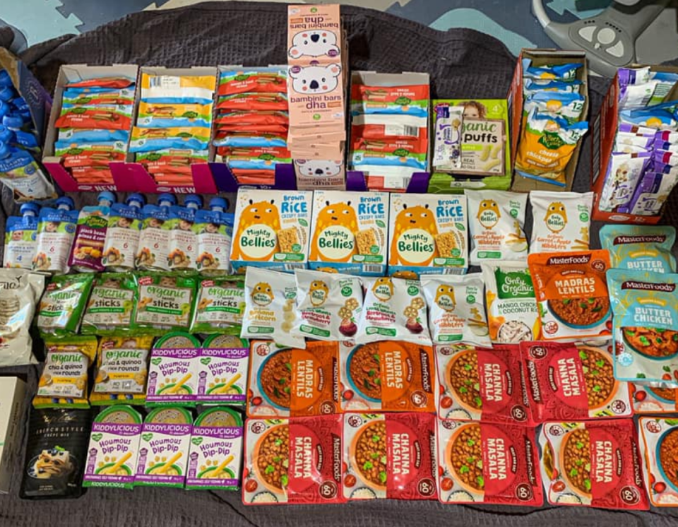 A photo shows a Coles shopper's 176-item haul where most of them were 20 or 50 cents.