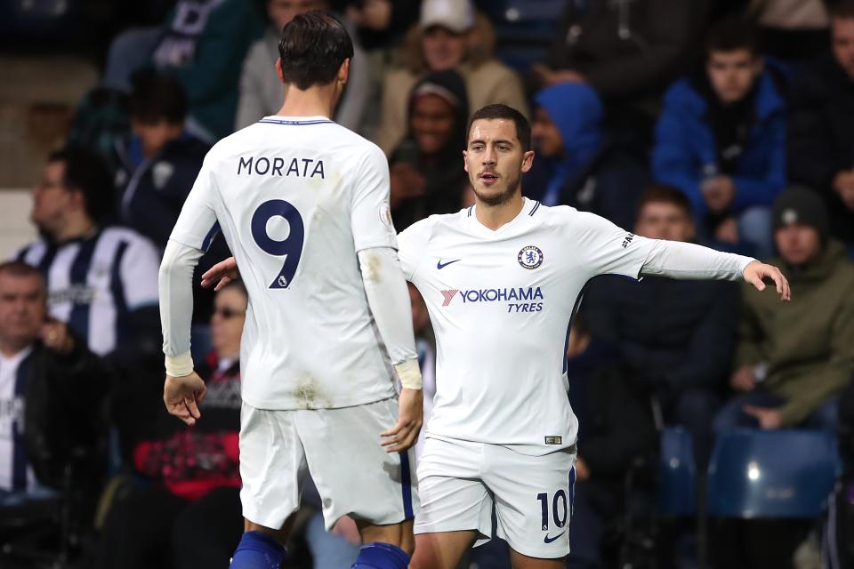 Chelsea’s Eden Hazard (right) celebrates scoring his side’s second goal of the game with Alvaro Morata