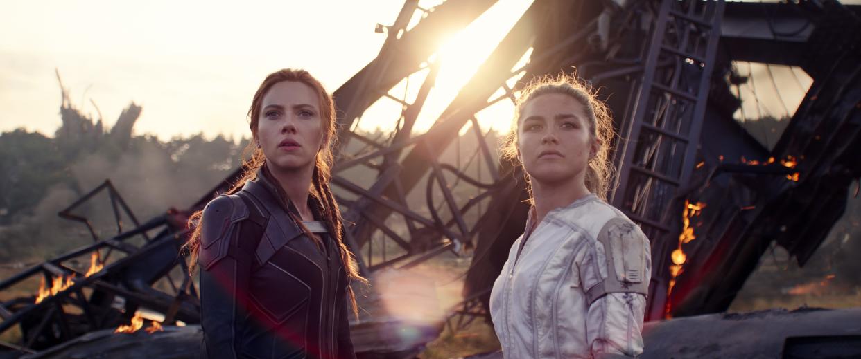 Natasha Romanoff (Scarlett Johansson, left) reconnects with her "little sister" Yelena (Florence Pugh) in "Black Widow."