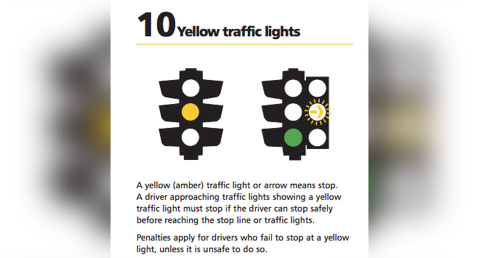 Are you doing the right thing when approaching yellow traffic lights? Source: ‘Top 10 misunderstood road rules in NSW’ brochure