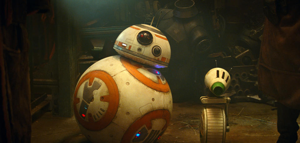 This image released by Lucasfilm shows droids BB-8, left, and D-O in a scene from "Star Wars: The Rise of Skywalker." (Lucasfilm via AP)