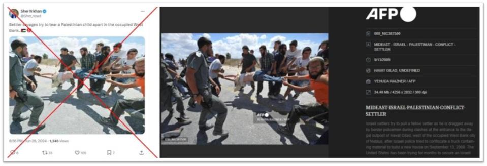 <span>Screenshot comparison of the photo circulated online (left) and in AFP's archives (right)</span>