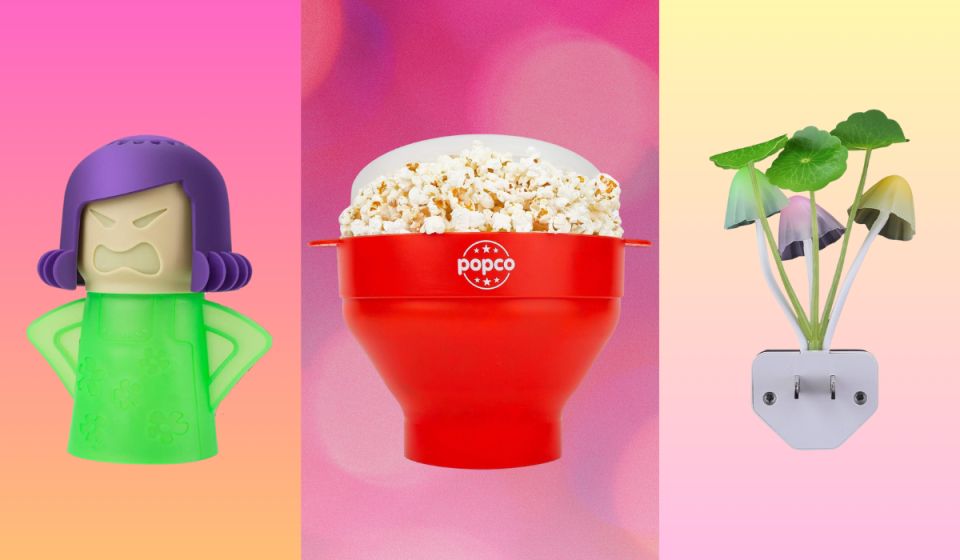 Angry Mama microwave cleaner, Popco silicone popcorn bowl, and mushroom-style nightlight