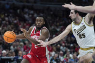 Ohio State's Bruce Thornton (2) goes to the basket against Purdue's Ethan Morton (25) during the second half of an NCAA semifinal basketball game at the Big Ten men's tournament, Saturday, March 11, 2023, in Chicago. (AP Photo/Erin Hooley)