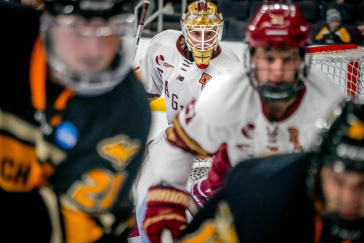 Boston College goalie Jacob Fowler in the closing seconds of Friday's win over Michigan Tech.