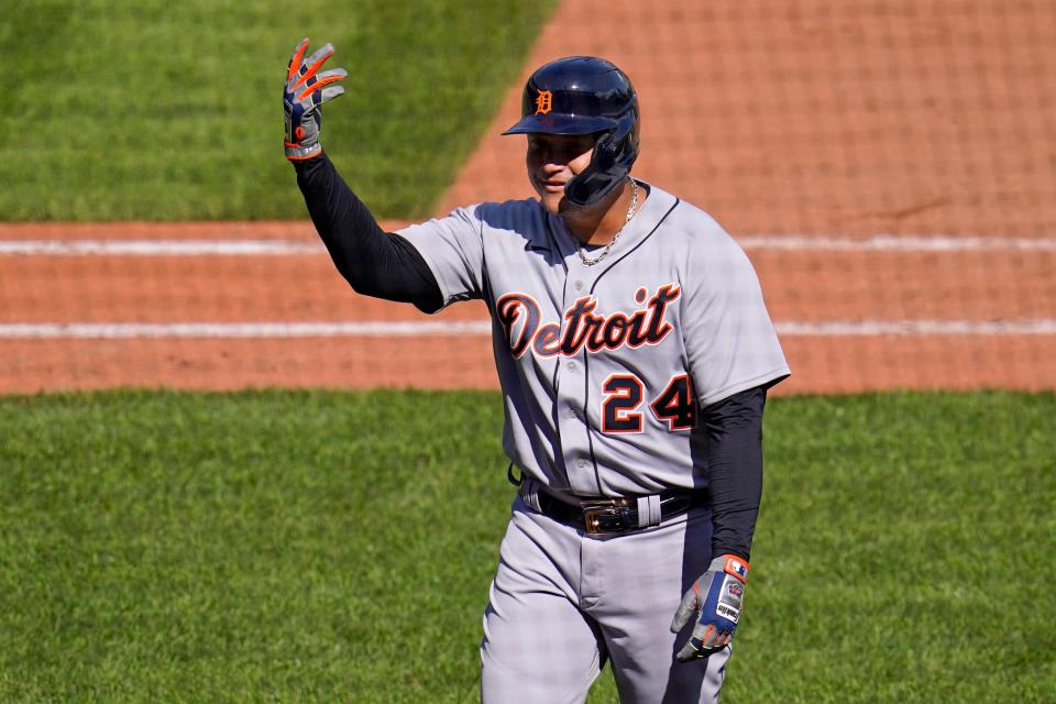 Detroit Tigers' Miguel Cabrera gestures as he walks to the dugout after hitting a sacrifice fly off Pittsburgh Pirates starting pitcher Bryse Wilson, driving in a run, during the sixth inning of a baseball game in Pittsburgh, Monday, Sept. 6, 2021.