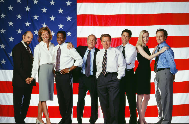 THE WEST WING -- Season 2 -- Pictured: (l-r) Richard Schiff as Toby Ziegler, Allison Janney as Claudida Jean 'C.J.' Cregg, Dule Hill as Charlie Young, John Spencer as Leo McGarry, Martin Sheen as President Josiah 'Jed' Bartlet, Rob Lowe as Sam Seaborn, Janel Maloney as Donna Moss, Bradley Whitford as Josh Lyman -- Photo by: NBCU Photo Bank